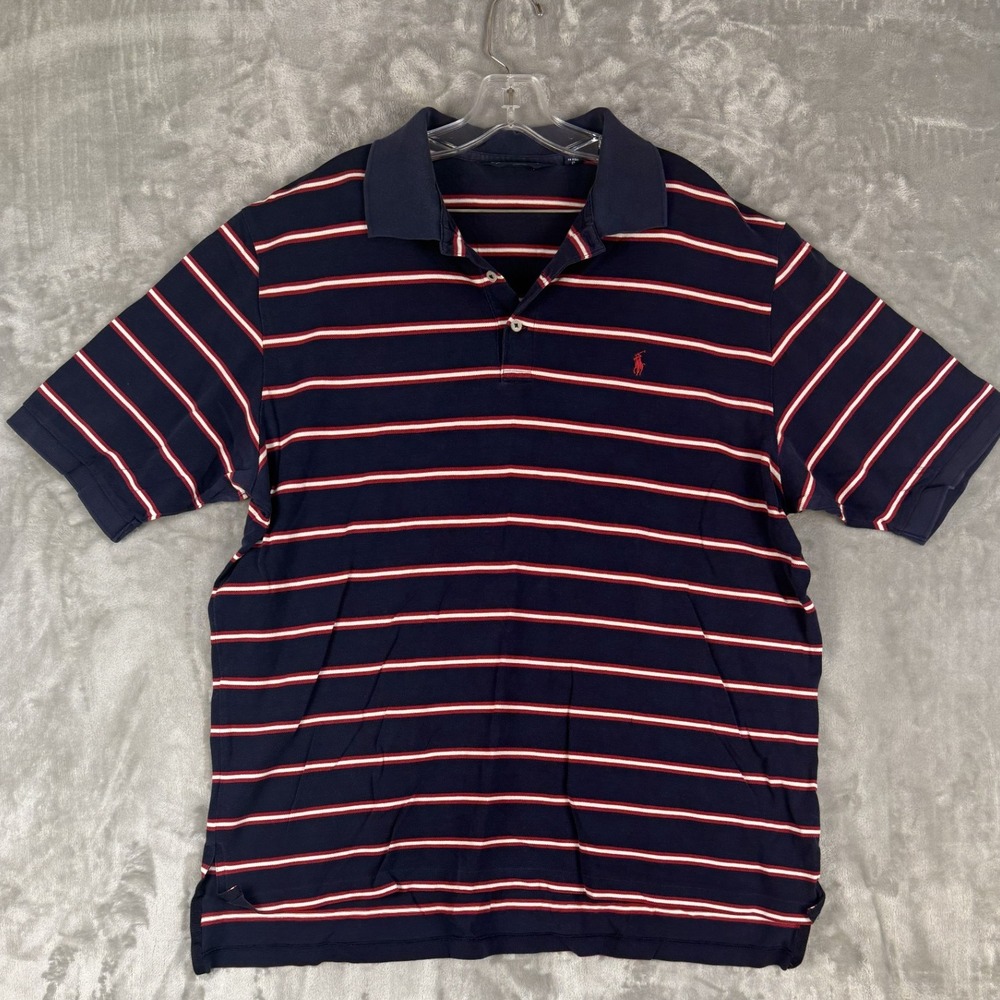 Y2K Ralph Lauren Polo Golf Men XL Blue Red Stripe Pima Cotton Short Sleeve Polo